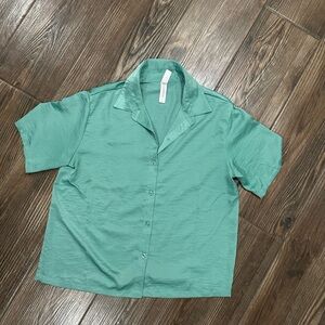 Auden Teal Satin Button-Up Blouse